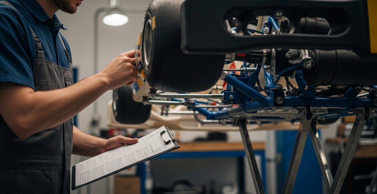 Vue détaillée close-up d’un expert inspectant un kart d’occasion avec checklist dans un atelier karting