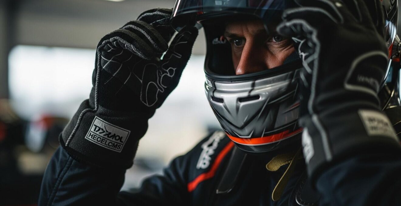 Pilote de course ajustant son casque et ses gants avec une expression concentrée et soucieuse