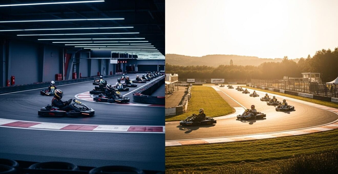 Course de karting comparant une piste indoor sombre à une piste outdoor lumineuse, vue cinématographique pour symboliser le choix crucial du pilote.