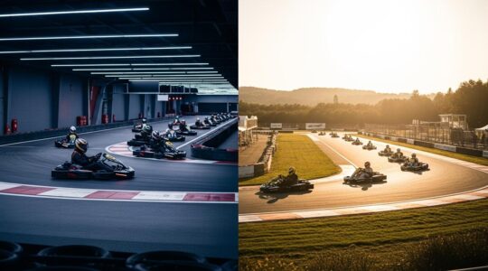 Course de karting comparant une piste indoor sombre à une piste outdoor lumineuse, vue cinématographique pour symboliser le choix crucial du pilote.