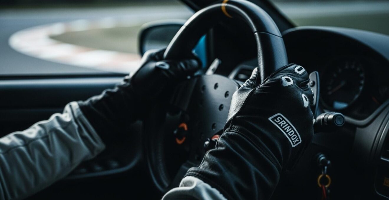 Un pilote de karting en pleine concentration, vue rapprochée sur ses mains gantées ajustant finement le volant dans un virage serré sur un circuit technique, avec flou d'arrière-plan suggérant le mouvement et la vitesse.