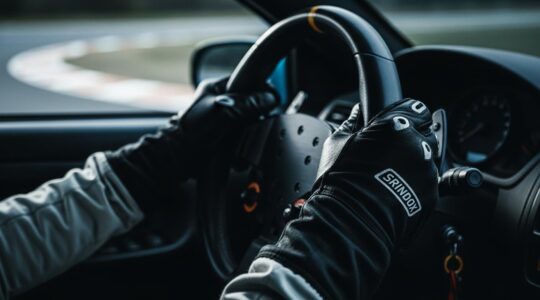 Un pilote de karting en pleine concentration, vue rapprochée sur ses mains gantées ajustant finement le volant dans un virage serré sur un circuit technique, avec flou d'arrière-plan suggérant le mouvement et la vitesse.