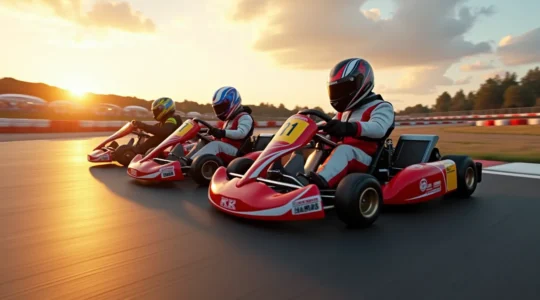 Illustration dynamique d'un karting Mini, Rotax et KZ montrant les différences de design des châssis sur une piste de karting