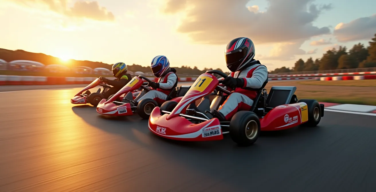 Illustration dynamique d'un karting Mini, Rotax et KZ montrant les différences de design des châssis sur une piste de karting