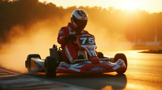 Vue dynamique d'un pilote en karting de compétition sur une piste, ressentant la vitesse et l'adrénaline