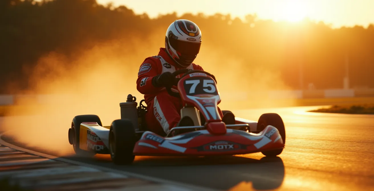 Vue dynamique d'un pilote en karting de compétition sur une piste, ressentant la vitesse et l'adrénaline
