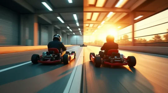 Vue dynamique contrastant une piste de karting indoor en béton poli avec une piste outdoor asphaltée sous le soleil, mettant en scène un pilote en action dans chaque environnement.