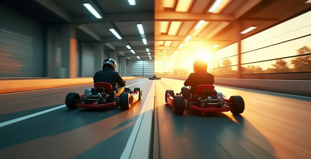Vue dynamique contrastant une piste de karting indoor en béton poli avec une piste outdoor asphaltée sous le soleil, mettant en scène un pilote en action dans chaque environnement.