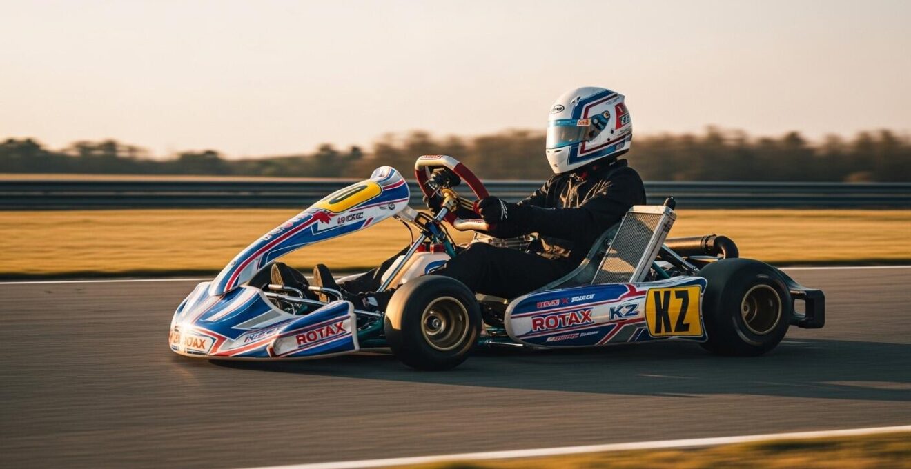 Vue dynamique d'un kart de compétition en pleine course sur piste, mettant en avant un châssis distinctif et moderne de karting Mini, Rotax et KZ