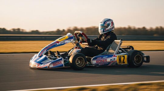 Vue dynamique d'un kart de compétition en pleine course sur piste, mettant en avant un châssis distinctif et moderne de karting Mini, Rotax et KZ