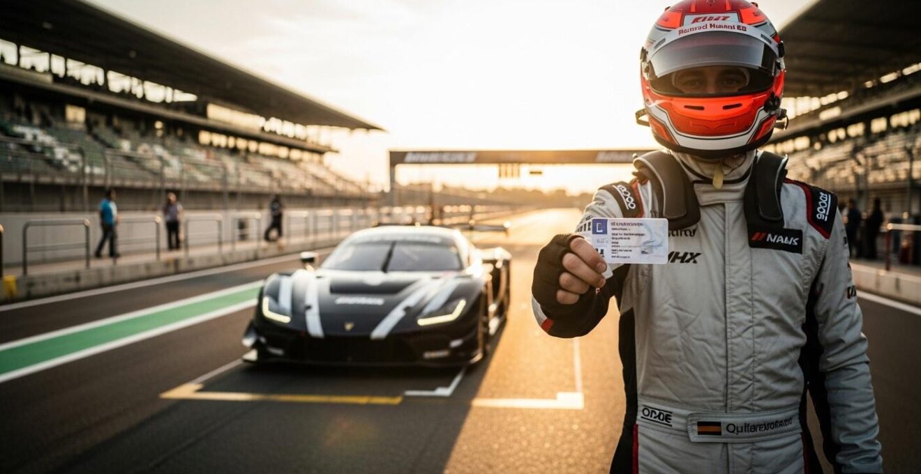 Un pilote automobile en combinaison et casque tenant sa licence devant une voiture de course sur un circuit, symbolisant l'accès au sport automobile