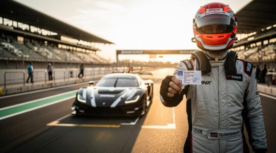 Un pilote automobile en combinaison et casque tenant sa licence devant une voiture de course sur un circuit, symbolisant l'accès au sport automobile
