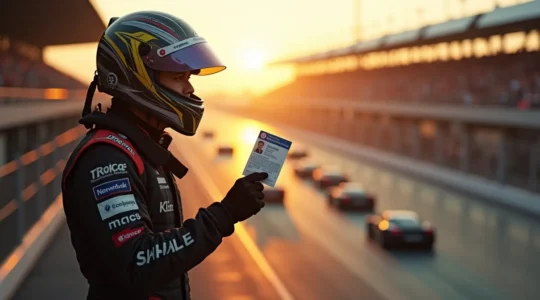 Un pilote de sport automobile en combinaison de course avec casque, tenant sa licence officielle devant une vue panoramique d'un circuit de course dynamique.