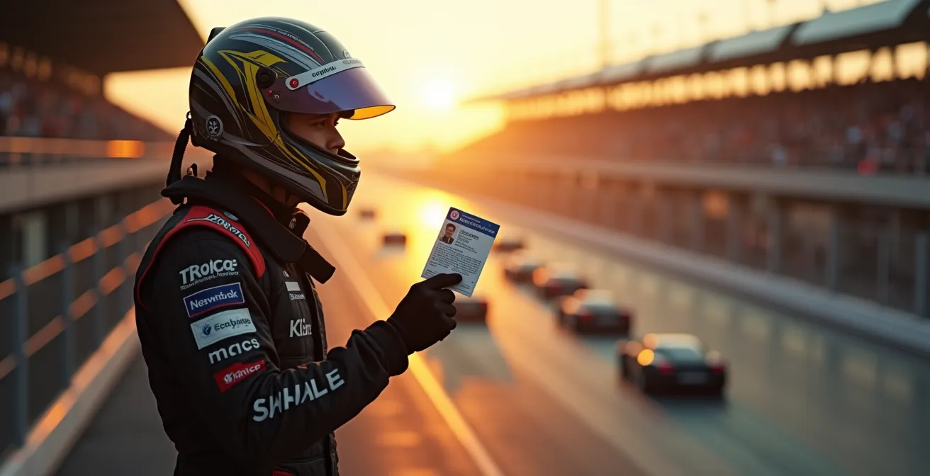 Un pilote de sport automobile en combinaison de course avec casque, tenant sa licence officielle devant une vue panoramique d'un circuit de course dynamique.
