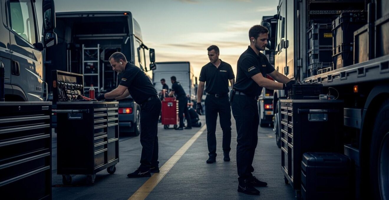 Photo symbolique montrant une équipe logistique en action avec camions, remorques et matériel de course prêt à être transporté sous un ciel dramatique.