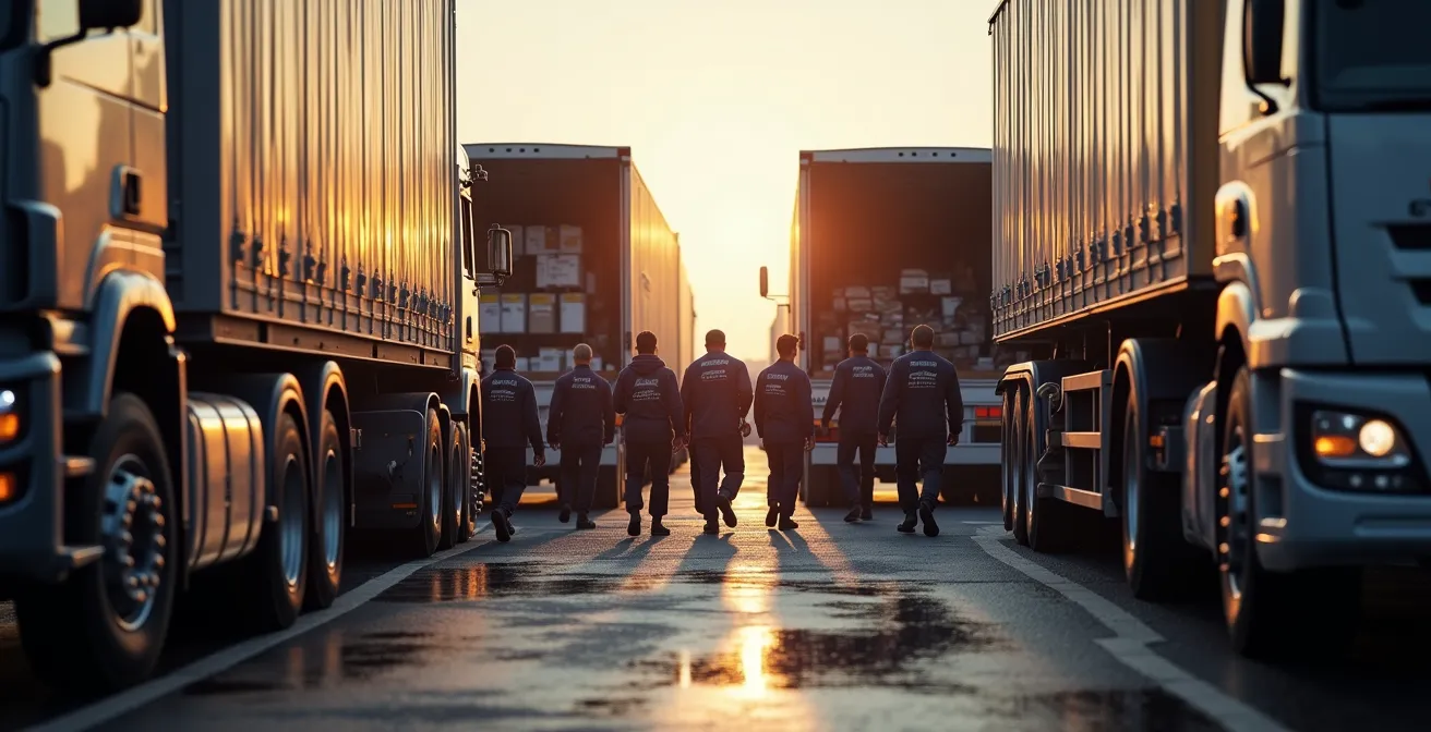 Chargement et organisation du matériel lourd d’une équipe de sport automobile dans un camion de course