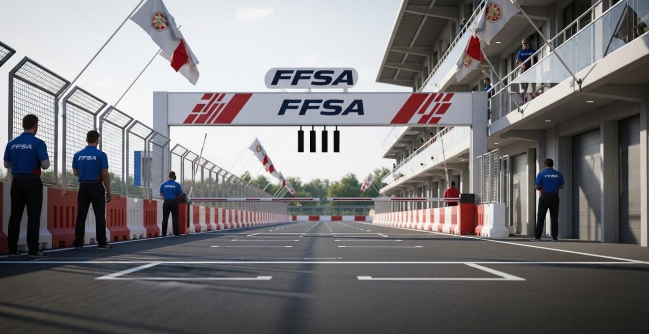 Piste de karting officielle FFSA avec commissaires certifiés et infrastructures de sécurité bien visibles.