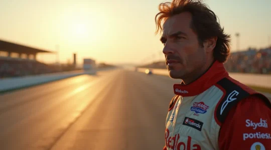Photographie d'un pilote de course observant attentivement un circuit automobile depuis le bord de la piste, analysant les trajectoires et les repères.