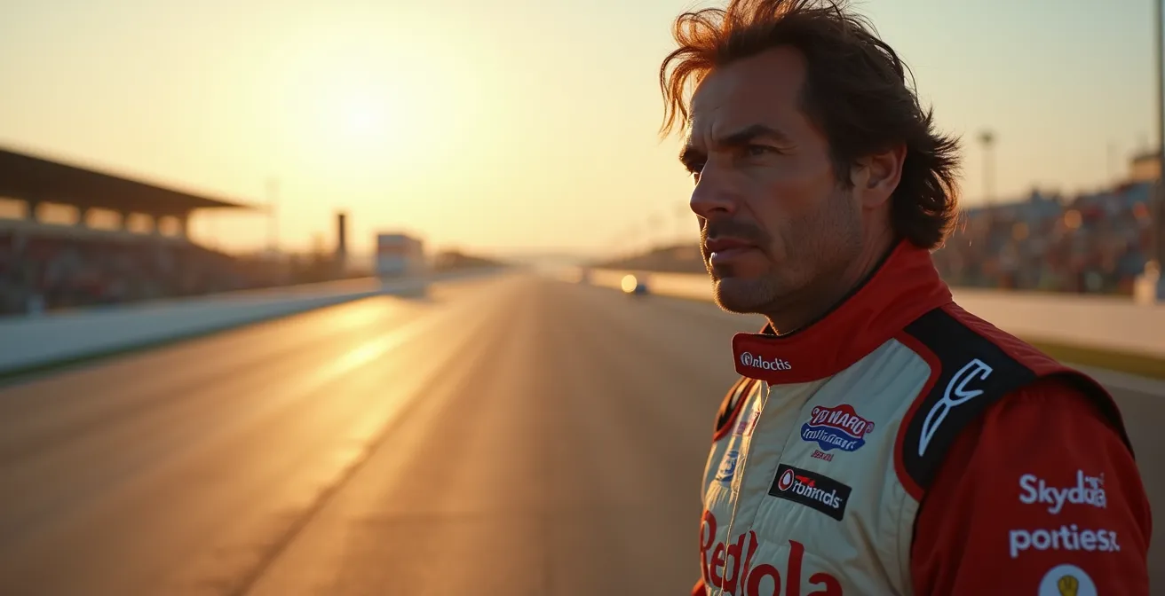 Photographie d'un pilote de course observant attentivement un circuit automobile depuis le bord de la piste, analysant les trajectoires et les repères.