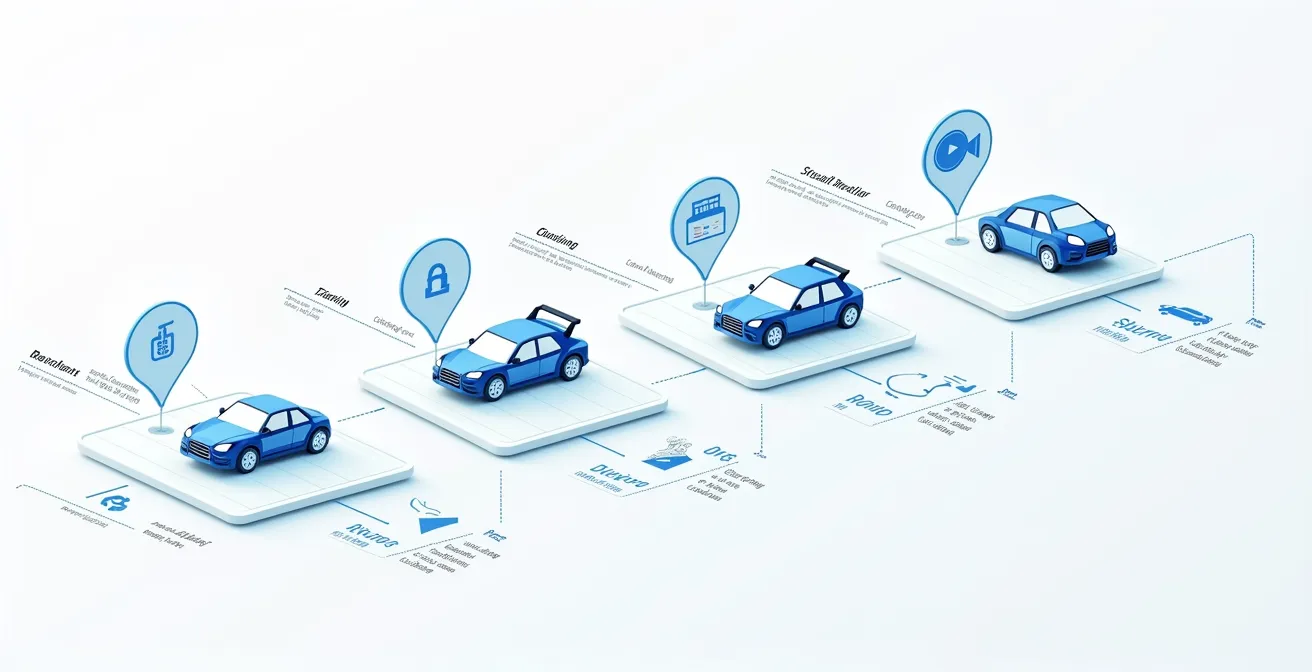 Illustration schématique montrant le parcours de formation rallye avec étapes de licence FFSA et rôle du copilote