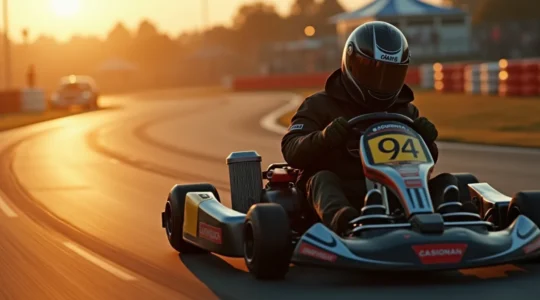 Image d'un pilote de karting concentré sur une piste, symbolisant la progression et la passion du sport automobile