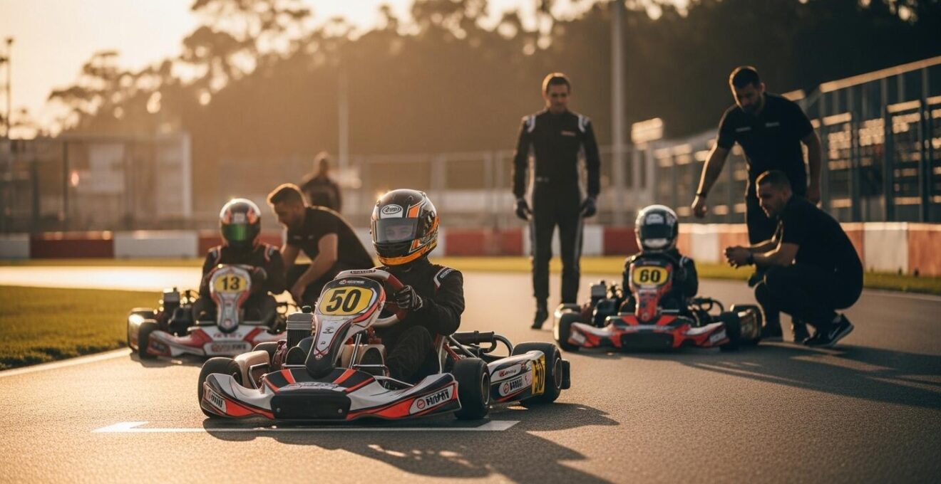 Pilote de karting en action sur la piste avec un groupe de membres de club en arrière-plan, symbolisant l'évolution rapide de pilote amateur à averti