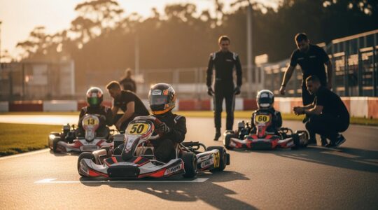 Pilote de karting en action sur la piste avec un groupe de membres de club en arrière-plan, symbolisant l'évolution rapide de pilote amateur à averti