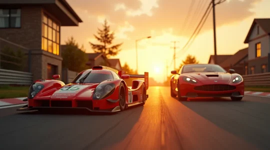 Bannière représentant la passion du sport automobile vécue toute l'année, mélange de piste de course et scène de vie quotidienne.