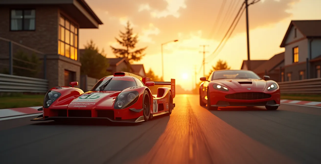 Bannière représentant la passion du sport automobile vécue toute l'année, mélange de piste de course et scène de vie quotidienne.