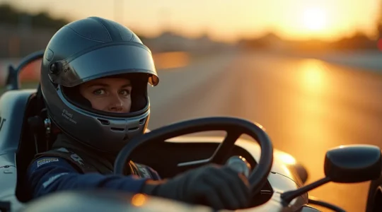 Un pilote de sport automobile concentré au volant d'une monoplace moderne sur circuit, avec une perspective dynamique sur la trajectoire et la piste.