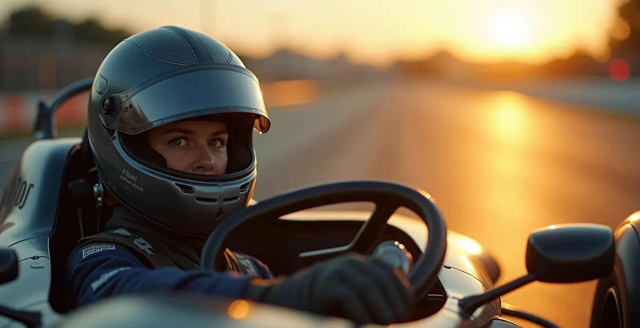 Un pilote de sport automobile concentré au volant d'une monoplace moderne sur circuit, avec une perspective dynamique sur la trajectoire et la piste.