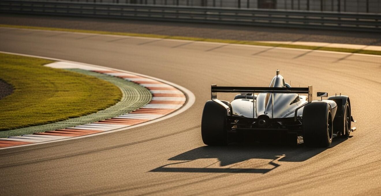 Voiture de sport automobile sur circuit en pleine courbe, image capturant la précision et la fluidité du pilotage propre