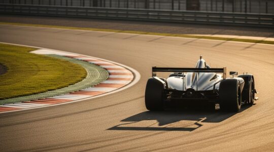 Voiture de sport automobile sur circuit en pleine courbe, image capturant la précision et la fluidité du pilotage propre