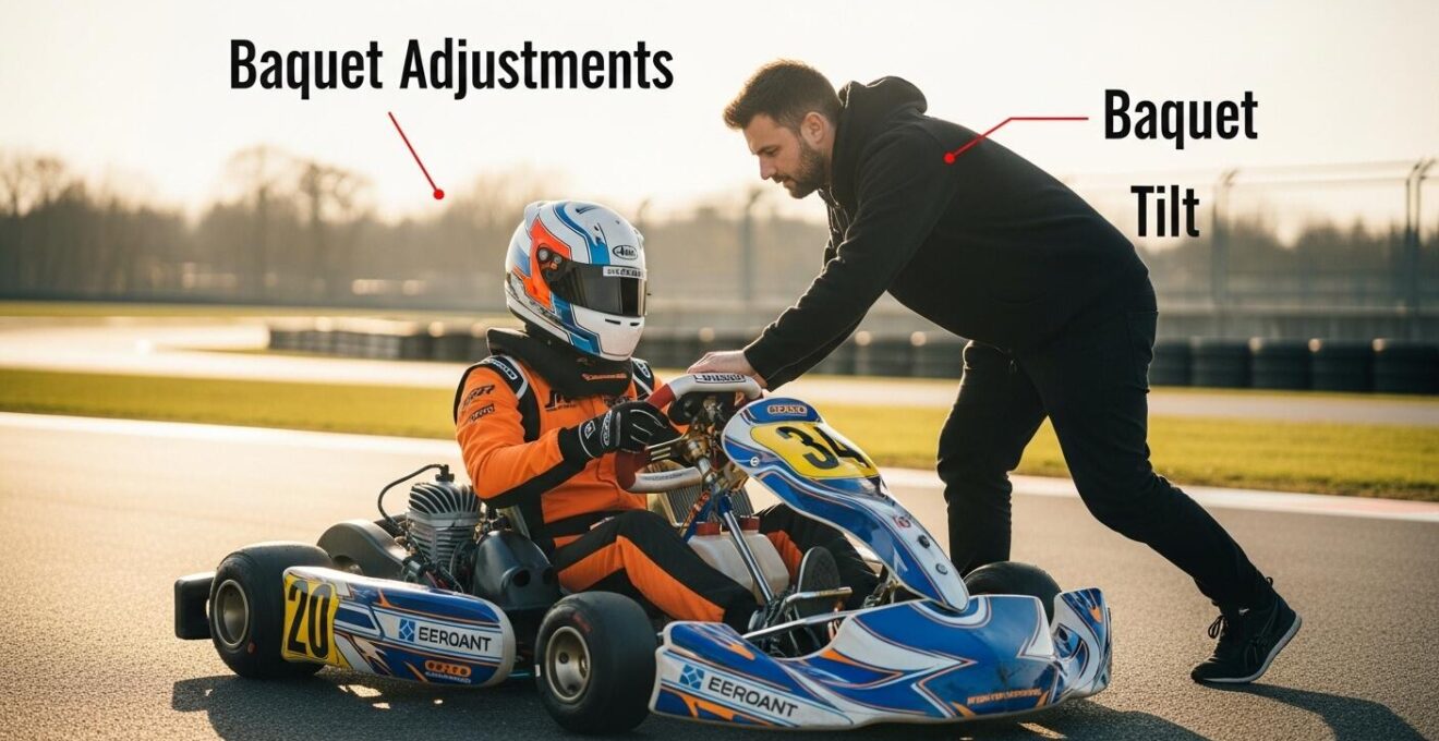 Pilote de kart en position de conduite idéale, montrant réglage de baquet et posture sur kart sur circuit