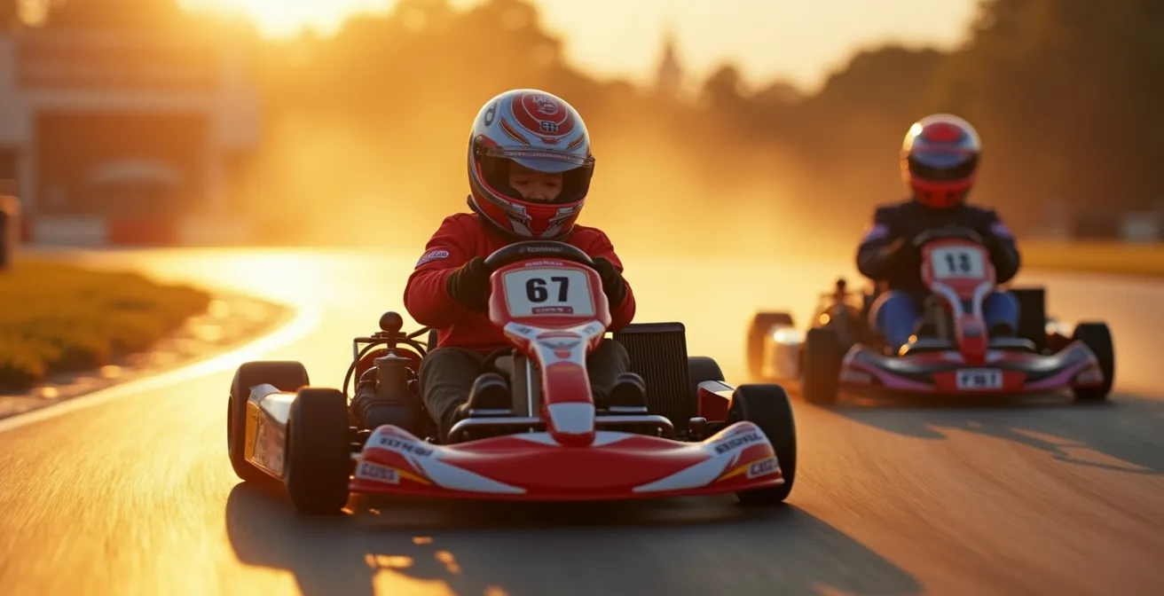 Cliché montrant une session de karting dynamique pour débutant, sur circuit en plein virage.