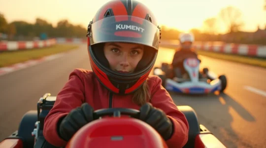 Un jeune adulte souriant, portant un casque de karting, s'apprête à monter dans un kart sur une piste ensoleillée, avec une expression à la fois concentrée et enthousiaste.