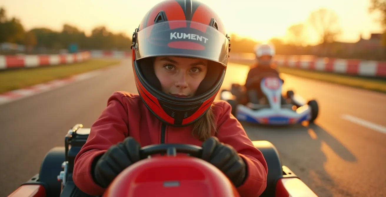 Un jeune adulte souriant, portant un casque de karting, s'apprête à monter dans un kart sur une piste ensoleillée, avec une expression à la fois concentrée et enthousiaste.