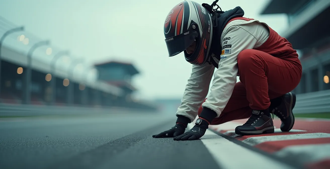 Photographie d'un pilote en combinaison de course, marchant lentement sur le bitume d'un circuit, penché pour examiner les vibreurs et les marques de pneus.