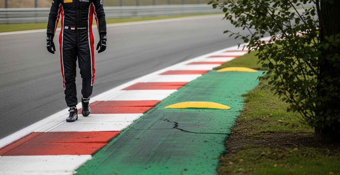 Pilote en combinaison effectuant une reconnaissance à pied sur un circuit de course, observant attentivement la surface et les vibreurs