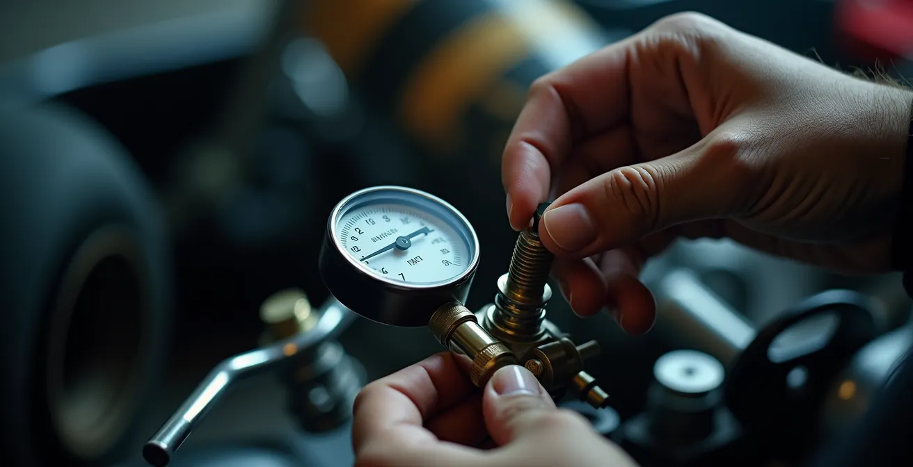 Détail créatif sur les mains d’un pilote réglant la pression des pneus et ajustant un carburateur de kart en conditions variables.