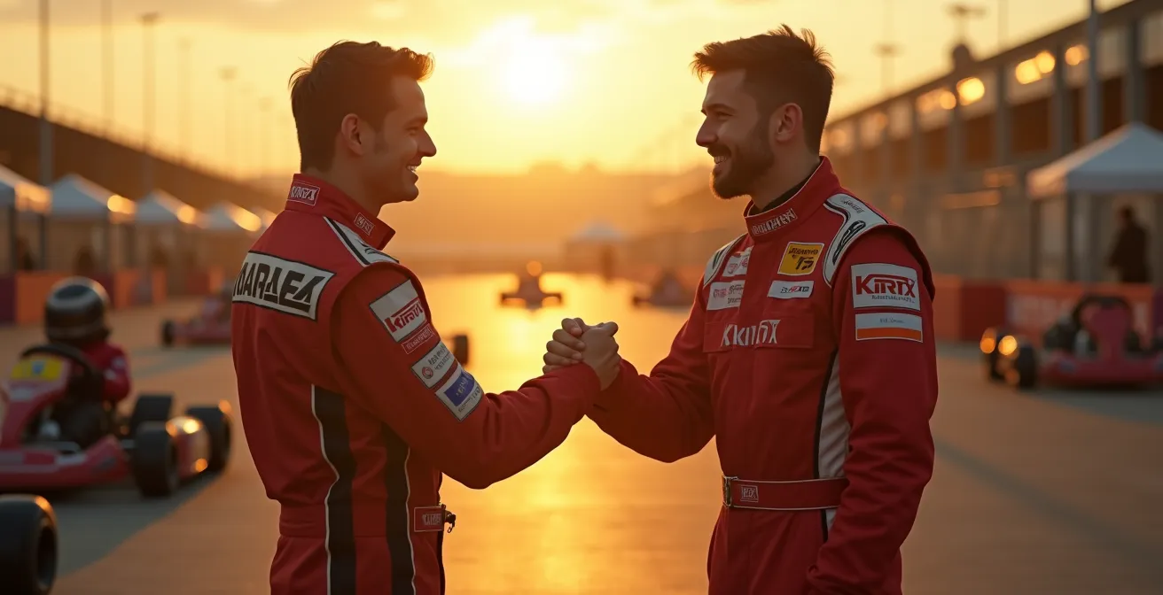 Un pilote et un mécanicien discutant en souriant dans le paddock, renforçant leur relation de confiance avant une course.