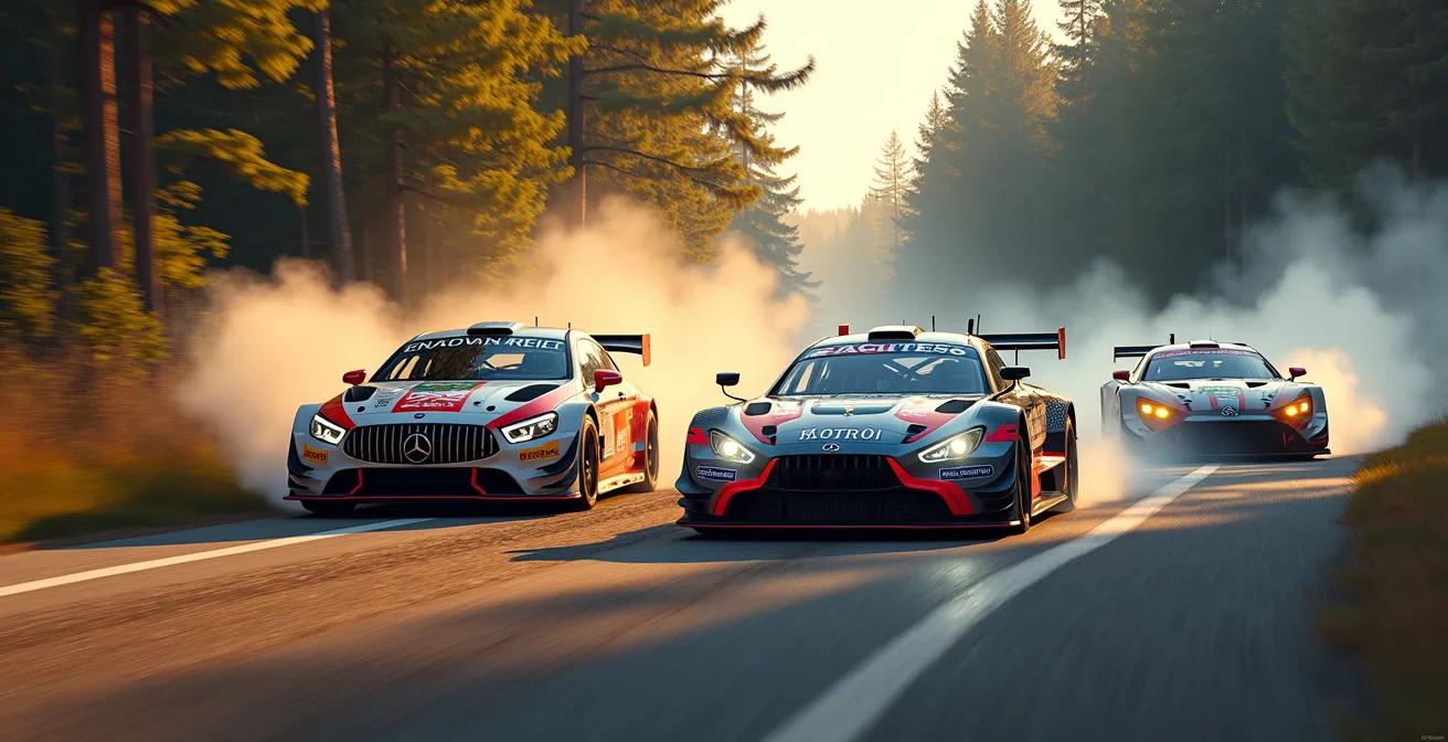 Vue dynamique combinée de voitures en rallye, circuit, endurance et drift montrant la diversité du sport automobile