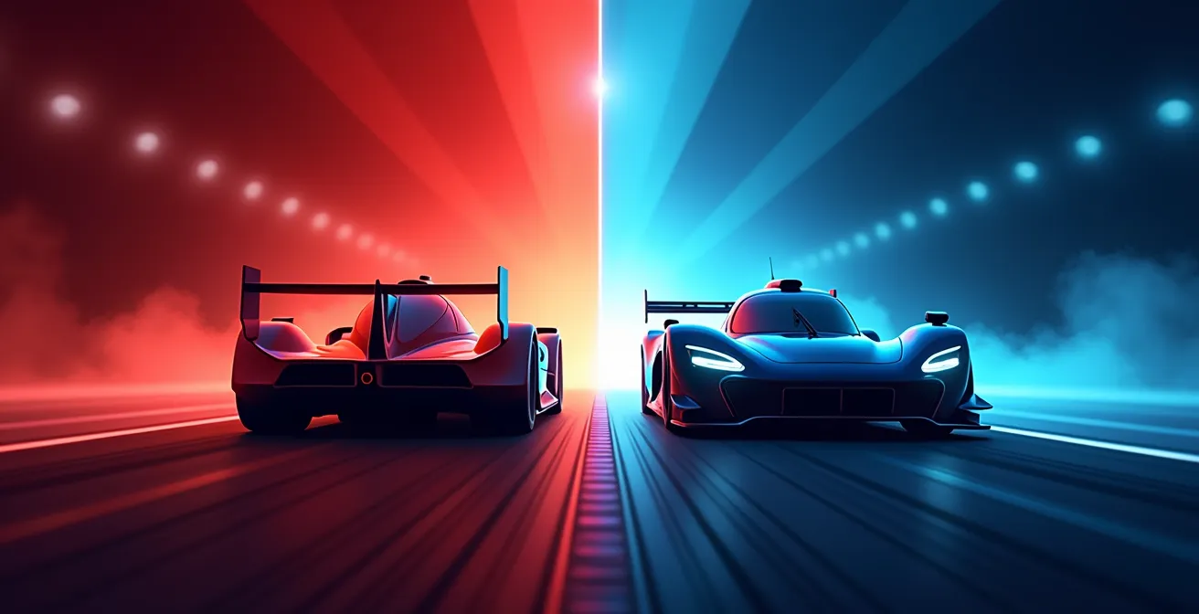 Illustration comparative entre un sprinteur et un marathonien en course automobile, symbolisant les deux profils psychologiques opposés.