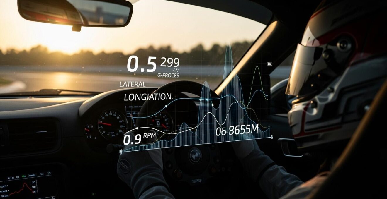 Vue immersive d'un cockpit de voiture de course avec des graphiques de télémétrie superposés montrant vitesse, RPM et G-forces sur écran digital