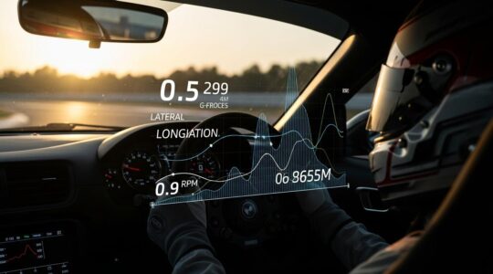Vue immersive d'un cockpit de voiture de course avec des graphiques de télémétrie superposés montrant vitesse, RPM et G-forces sur écran digital