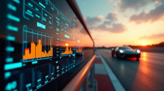 Vue d'un tableau de bord numérique affichant des courbes de télémétrie en temps réel avec une voiture de course sur circuit en arrière-plan