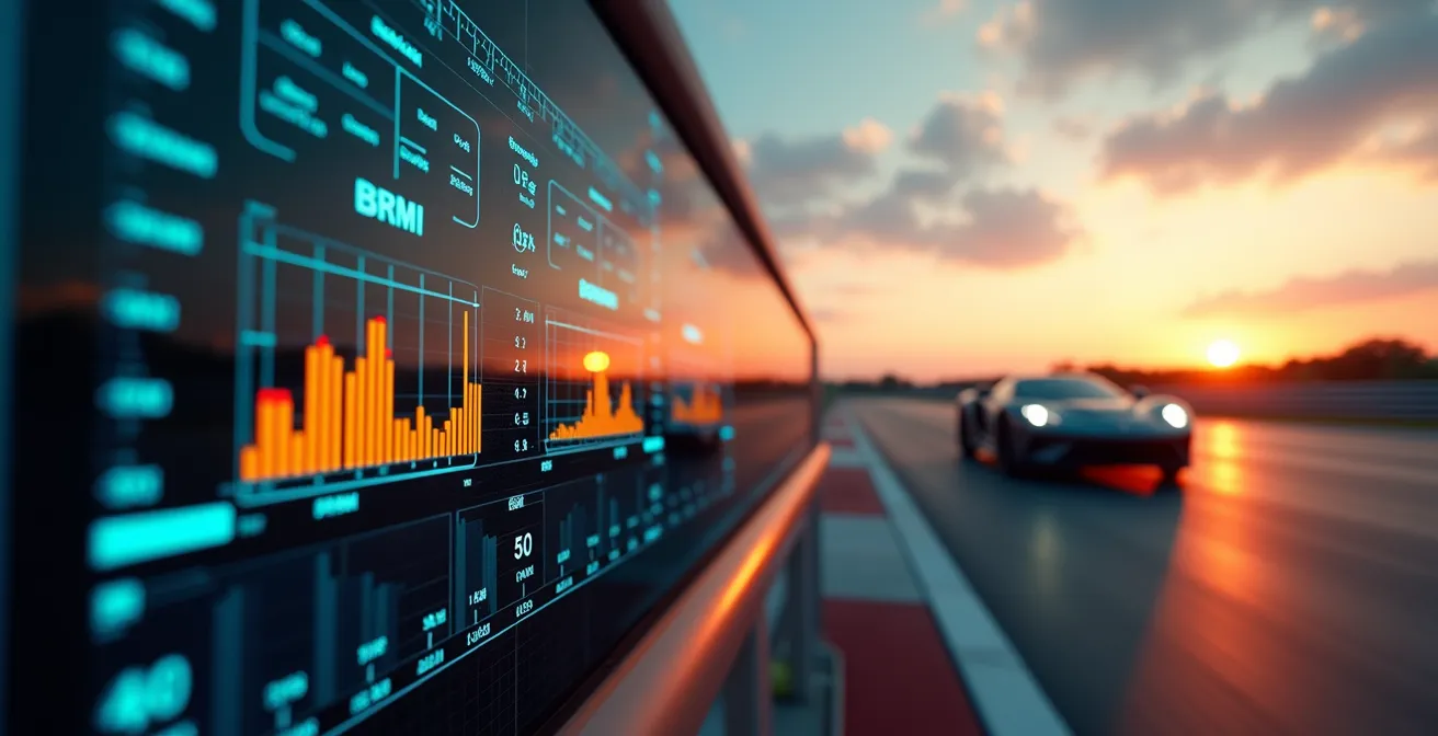 Vue d'un tableau de bord numérique affichant des courbes de télémétrie en temps réel avec une voiture de course sur circuit en arrière-plan