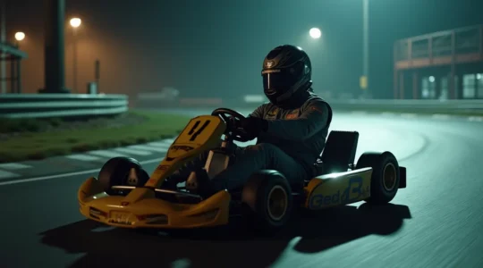 Pilote de karting en pleine concentration sur un virage lent et serré, analysant la trajectoire et la réaction du châssis.