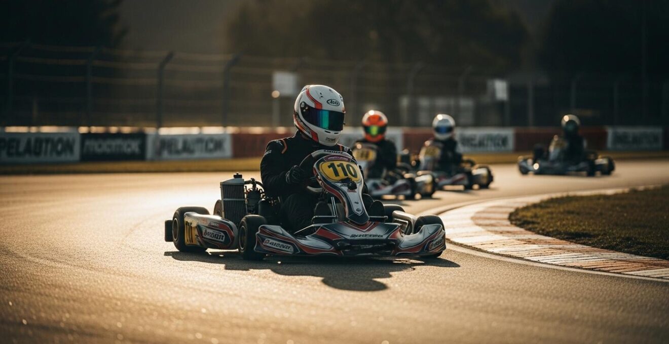 Un pilote de karting concentré au volant lors d'une course intense sur circuit