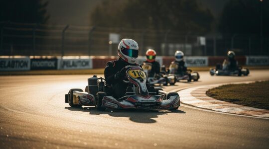 Un pilote de karting concentré au volant lors d'une course intense sur circuit